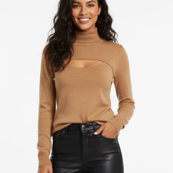 Intermix Cashmere Turtleneck Sweater Tan Camel Petite Cutout at Chest - Picture 1 of 10